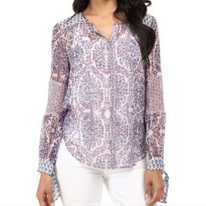 Rebecca Taylor Blue Tie Cuff Silk Chiffon Hobo Semi Sheer Printed Top - Size 4